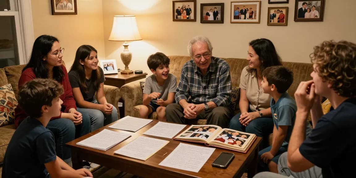 A family preserving stories through intheirwords.ai with a cozy gathering and shared memories.