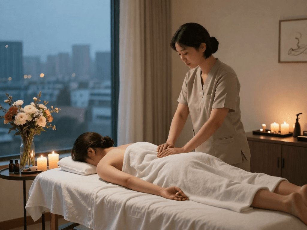 Experience a premium 강남출장마사지 in a calming home spa environment, featuring a therapist and elegant decor.