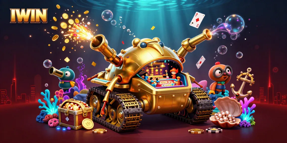 IWIN vibrant casino-themed 3D scene with golden beetle tank and underwater treasures