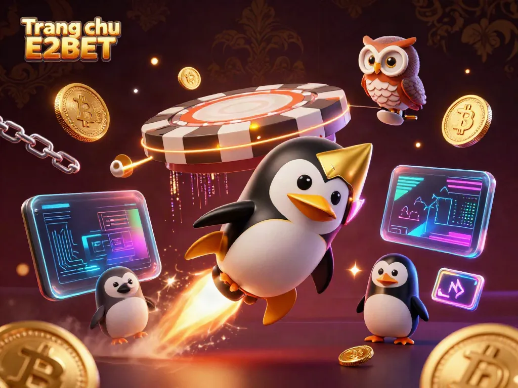 Experience winning at Trang chu E2BET with immersive 3D illustration of a golden penguin and casino elements.
