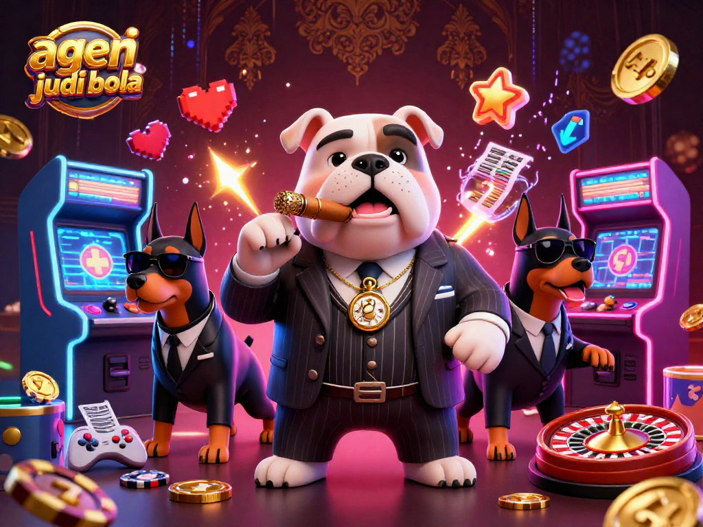Join the excitement of agen judi bola with a bustling casino scene featuring a mafia boss bulldog surrounded by vibrant gaming elements.