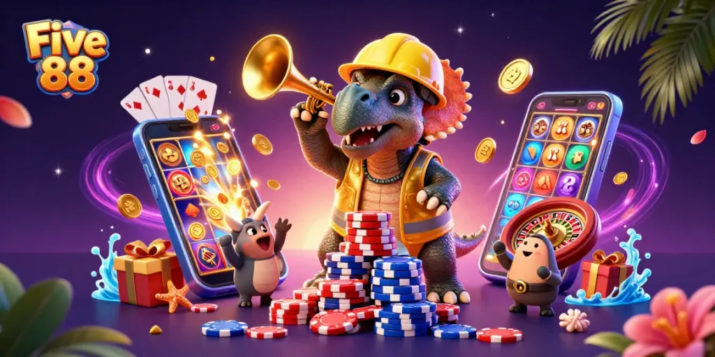 Celebrate exciting wins at Five 88 with fun characters building poker chips in a vibrant casino scene.