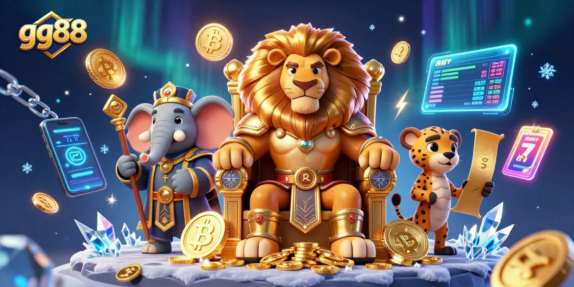 Spin the reels with gg88, featuring a lion king surrounded by coins and slot elements.