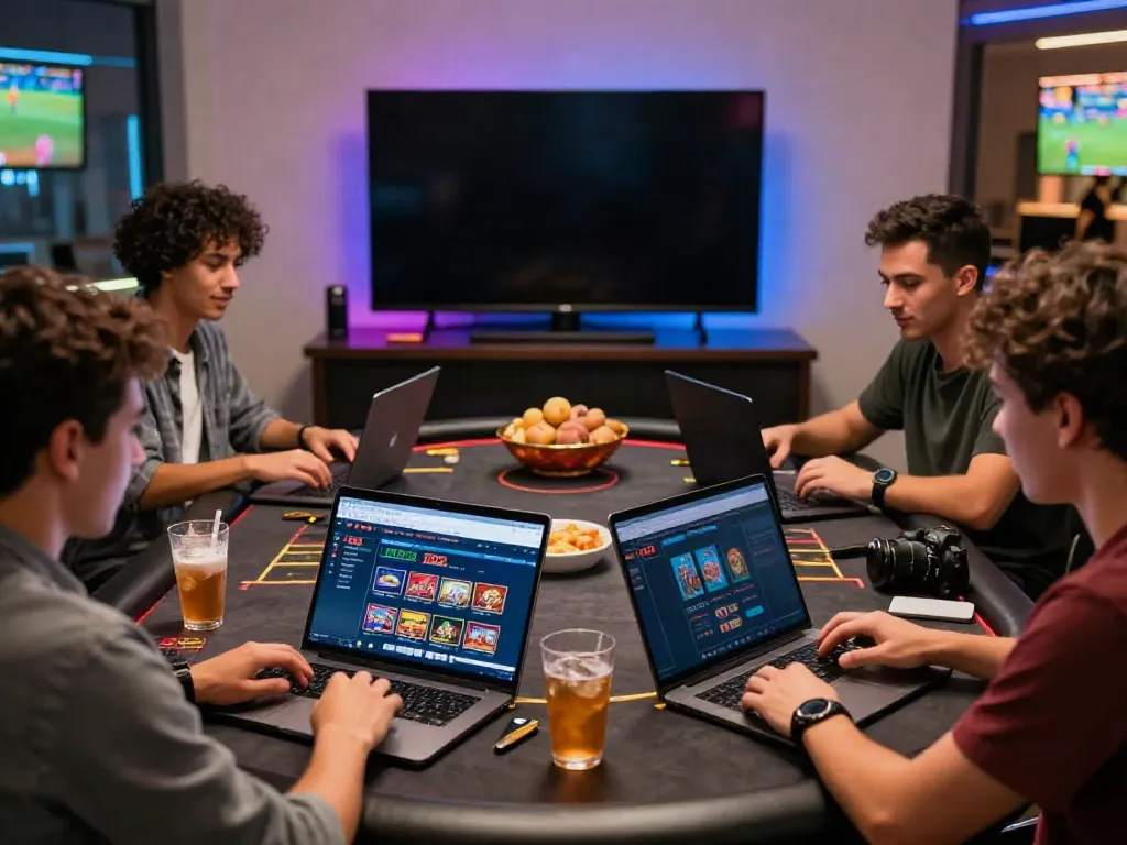 Engaging group of friends enjoying dynamic online betting with TX88 on laptops and smartphones.