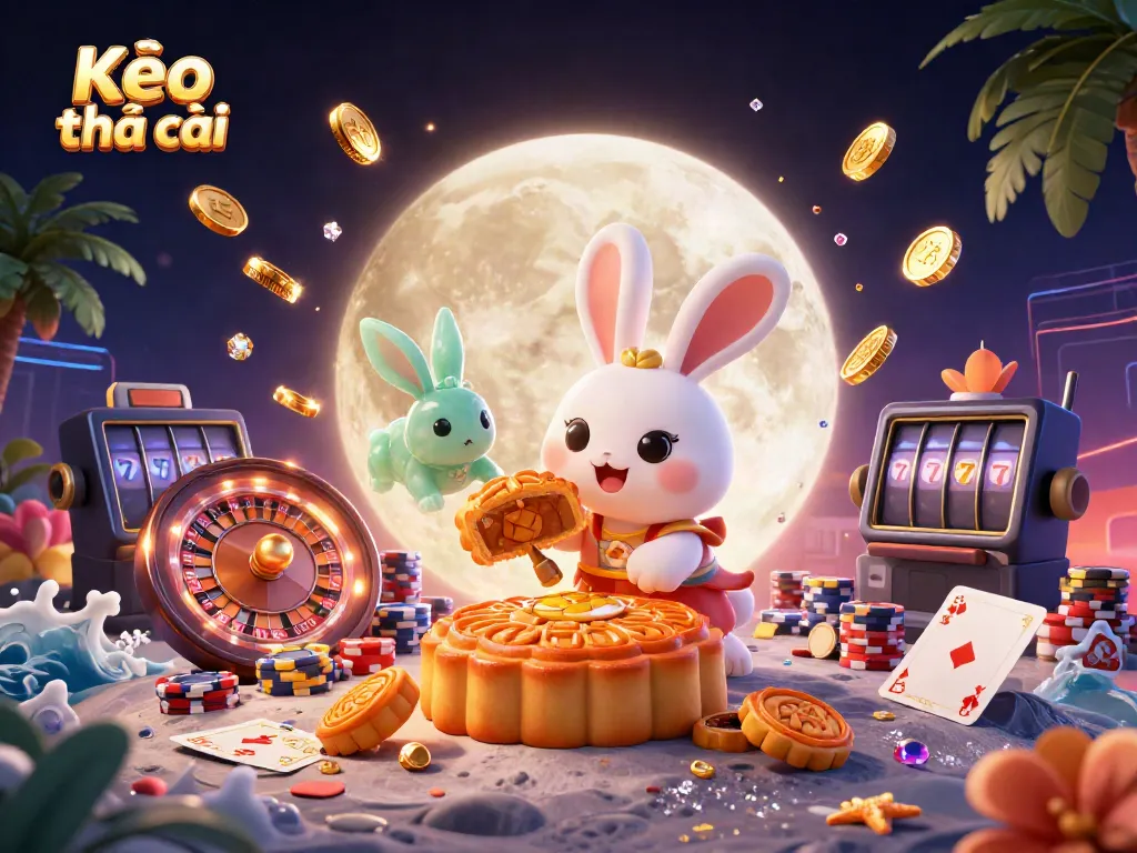 Experience Kèo nhà cái with the moon rabbit and jade companion amidst golden coins and vibrant casino elements.