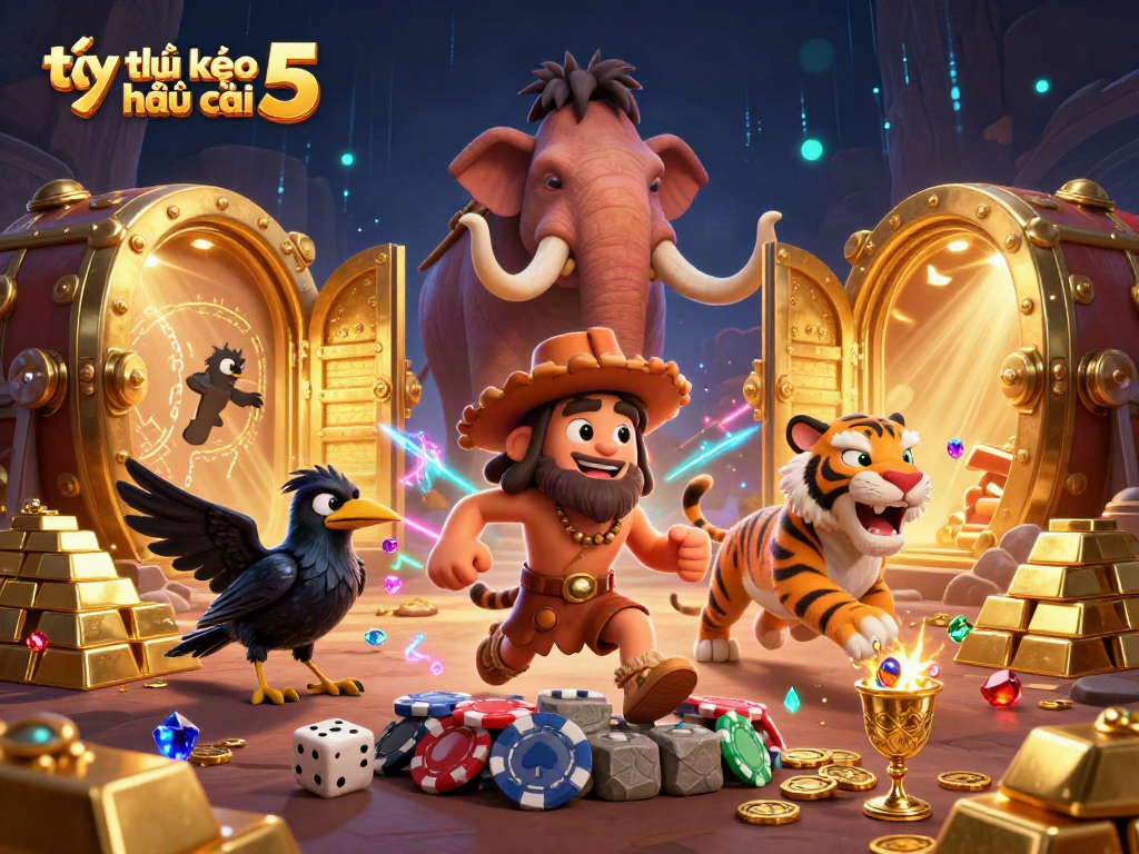 Engage with tỷ lệ kèo nhà cái 5 in a vibrant prehistoric casino setting filled with treasure and excitement.