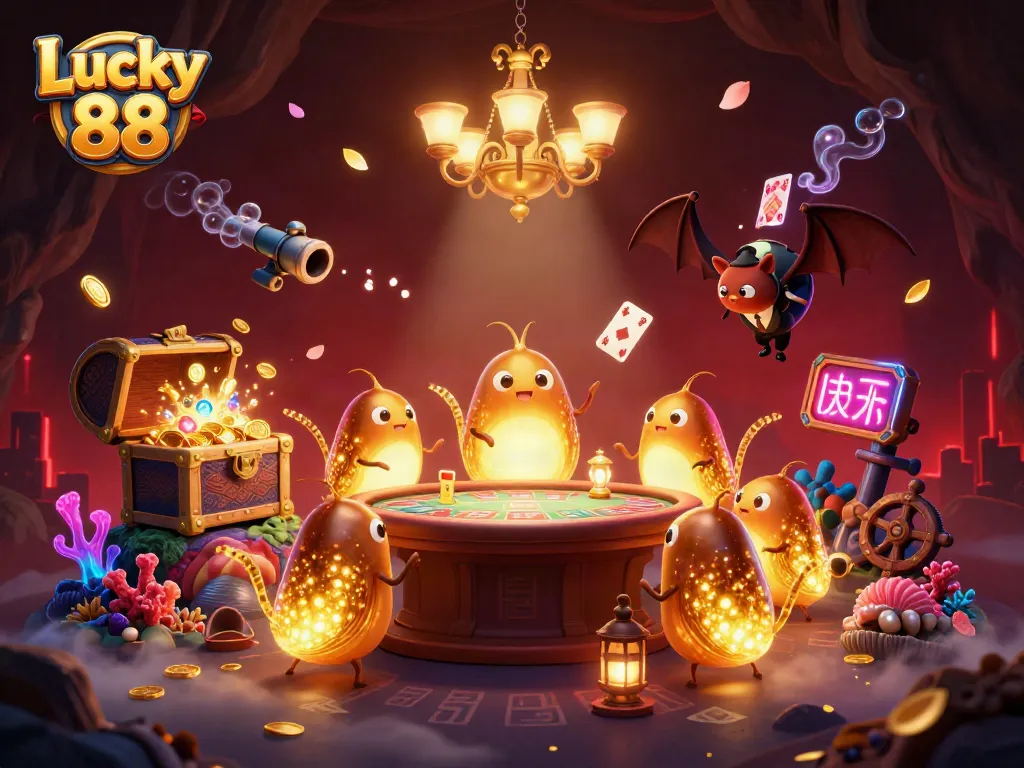Engage with the vibrant world of Lucky 88 through an illuminated 3D cartoon casino scene featuring glowworms and a bat dealer.