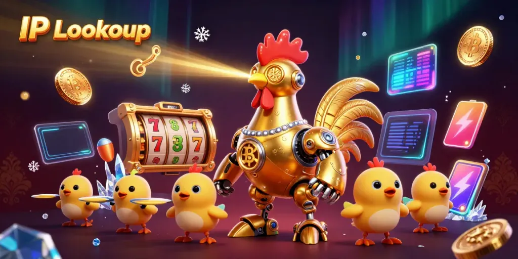 Engage in thrilling slot gaming with IP Lookup, featuring a futuristic golden rooster robot and vibrant gaming elements.