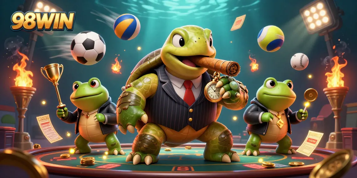 Experience the excitement of 98WIN with dynamic casino-themed visuals illustrating gambling activities and vibrant characters.