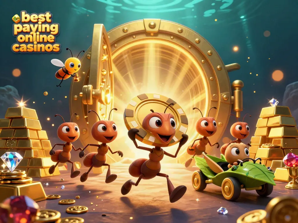 Engaging 3D scene showcasing a heist by ants with a golden poker chip, promoting best paying online casinos.