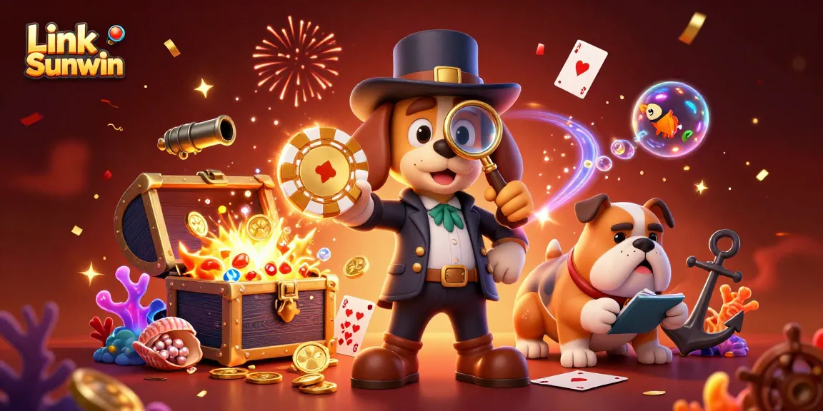 Experience the excitement of Link Sunwin with 3D cartoon characters uncovering treasure clues and casino elements.