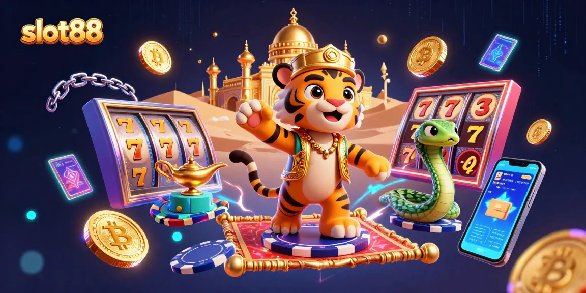 Experience thrilling wins at slot88 with this dynamic casino-inspired illustration featuring vibrant slot elements.