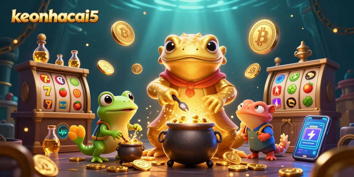 Engage with keonhacai5 through a vibrant slot-themed scene featuring fantastical alchemical elements.