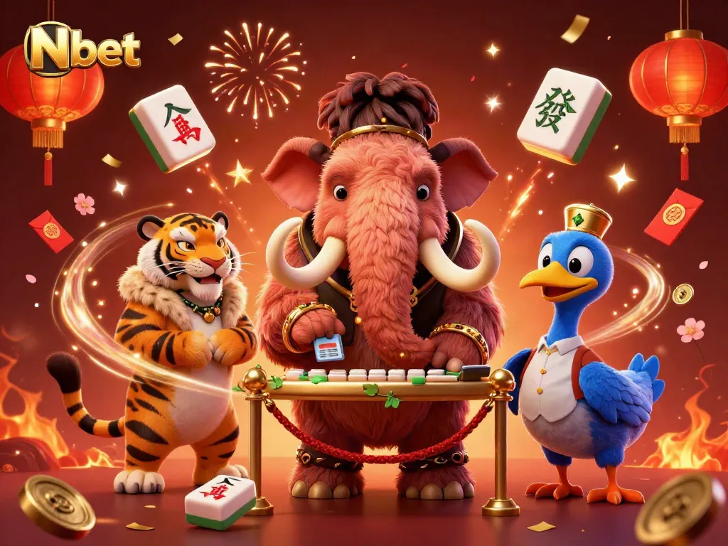 N bet showcases a vibrant 3D scene with a cartoon mammoth checking IDs at a casino entrance, highlighting excitement in online gambling.