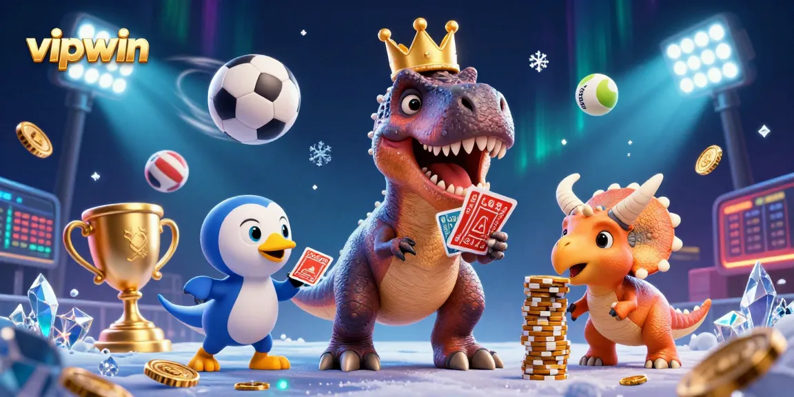 Engage with vipwin's vibrant digital casino world, as a T-Rex shuffles cards and friends stack chips.