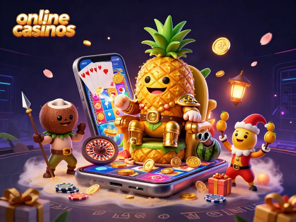 Engaging scene of online casinos with a lively pineapple king, golden coins, and slot game elements.