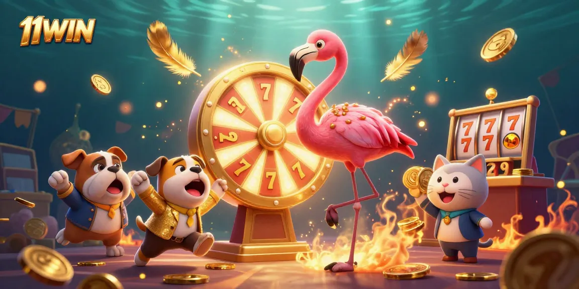 Spinning the prize wheel with 11WIN in an exciting casino scene filled with vibrant characters and elements.