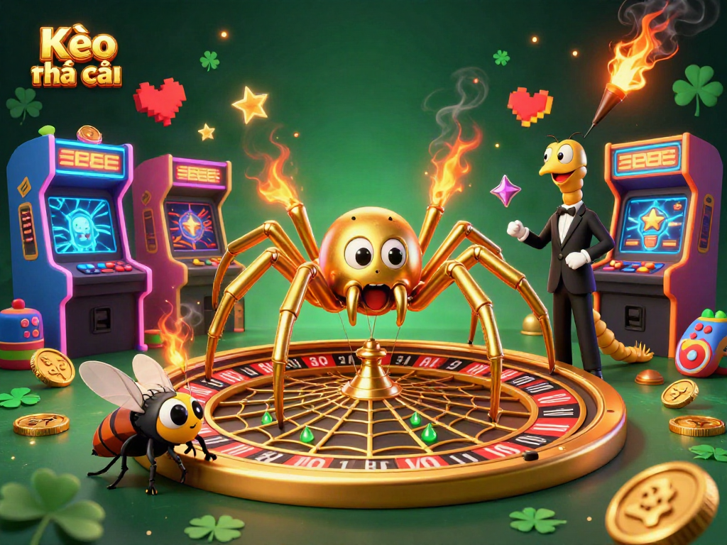 Kèo nhà cái features a golden spider spinning a roulette wheel web while a fly places bets in a vibrant casino scene.