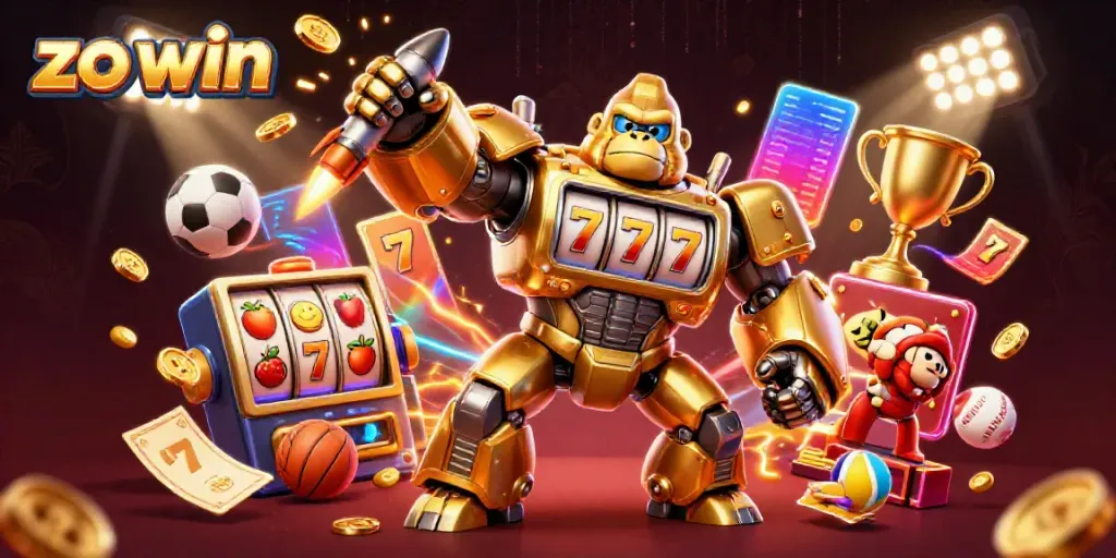 Experience the thrill of zo win with a golden gorilla mech in action amidst dynamic casino elements.