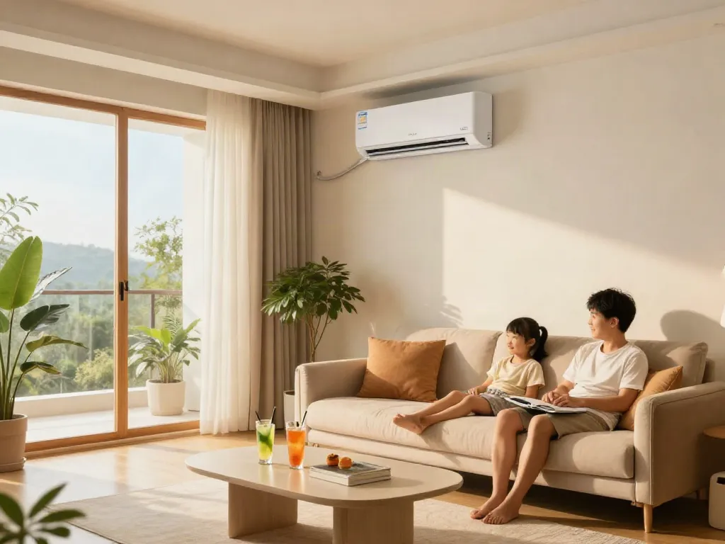 A family enjoys comfortable indoor air from a stylish mini split air conditioning unit in a modern living room.
