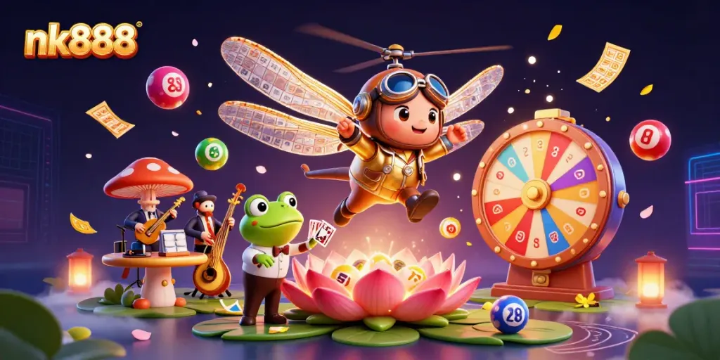 Experience the vibrant thrill of nk888 with a lively 3D casino scene featuring unique characters and dynamic elements.
