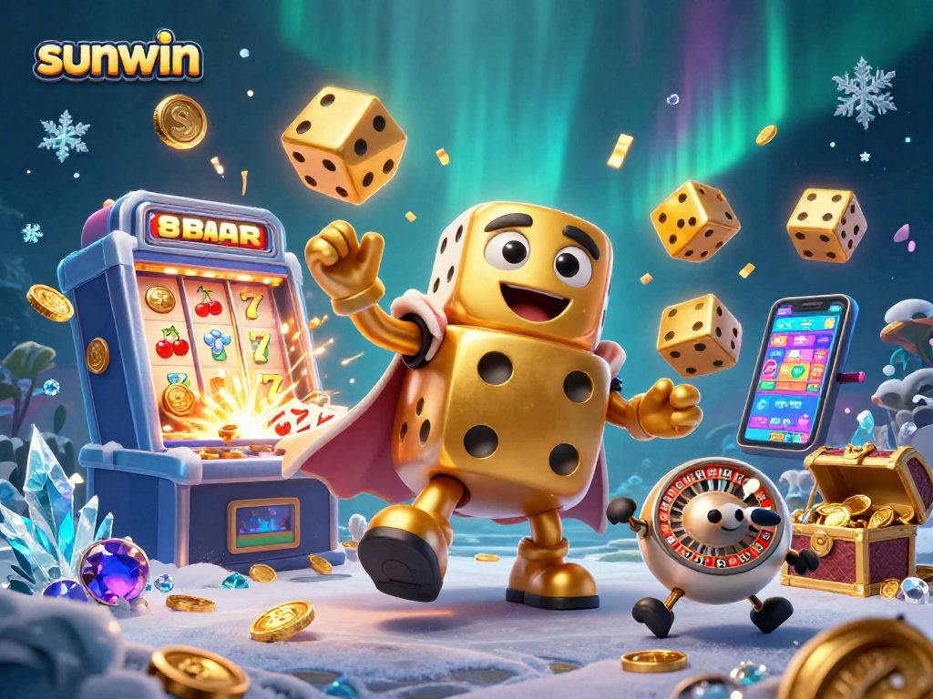 Experience the excitement of sunwin with a massive golden dice golem juggling coins and showcasing thrilling casino games.
