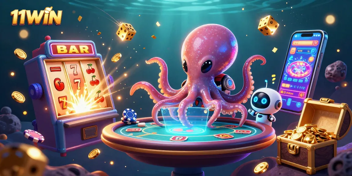 Engage with the vibrant 11WIN casino scene featuring a space octopus, robot companion, and dynamic slot machine imagery.