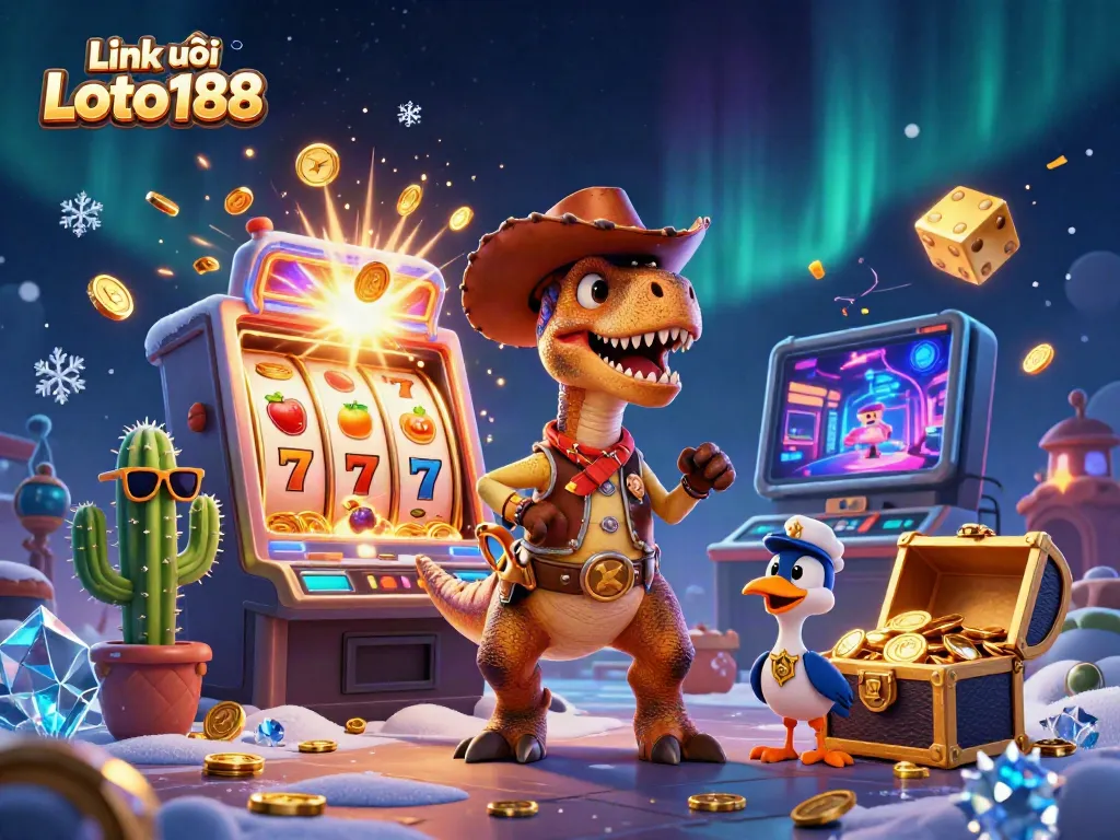 Experience exciting gameplay with Link vào Loto188 featuring an engaging trio of cartoon characters surrounded by slots, coins, and vibrant casino elements.