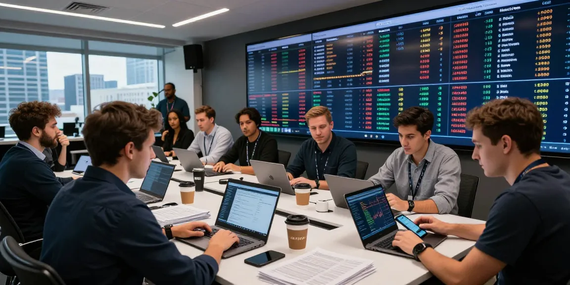 Kinetic KHype trading scene with diverse traders analyzing cryptocurrency data on laptops in a bustling financial hub.