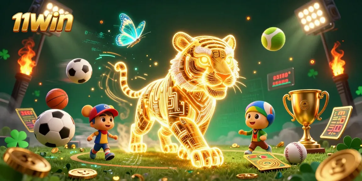Engage with 11WIN's vibrant and dynamic casino experience featuring a golden tiger and sports elements.