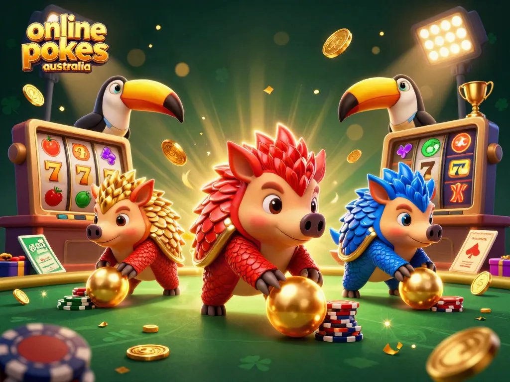 Immerse in online pokies Australia with colorful pangolins, slot reels, and gold coins!