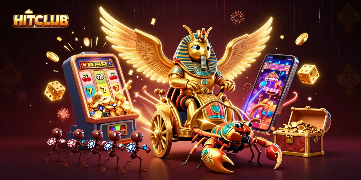 Hitclub features a striking 3D illustration of exotic casino elements and characters in dynamic action.