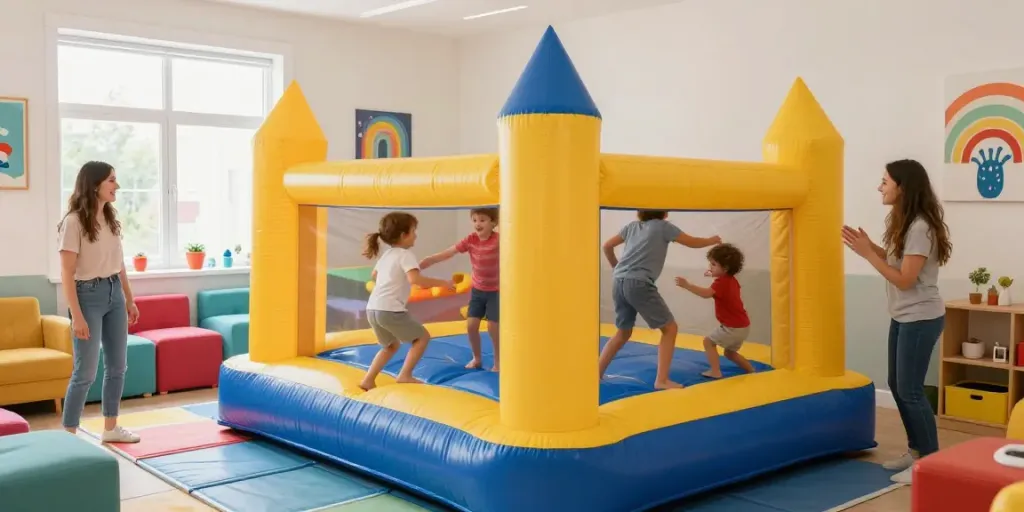 Children enjoying a lively indoor bounce house filled with colorful inflatable toys, creating a joyful family playroom atmosphere.