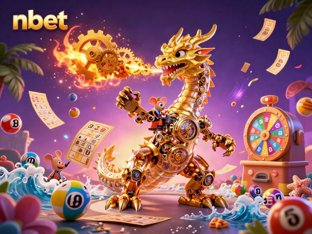 Experience thrilling nbet gameplay with a mechanical dragon and vibrant lottery elements in a magical casino atmosphere.