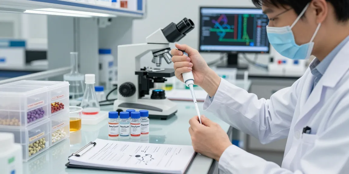 Scientist analyzing SwissChems Peptides in a modern laboratory setting with research equipment and data displays.