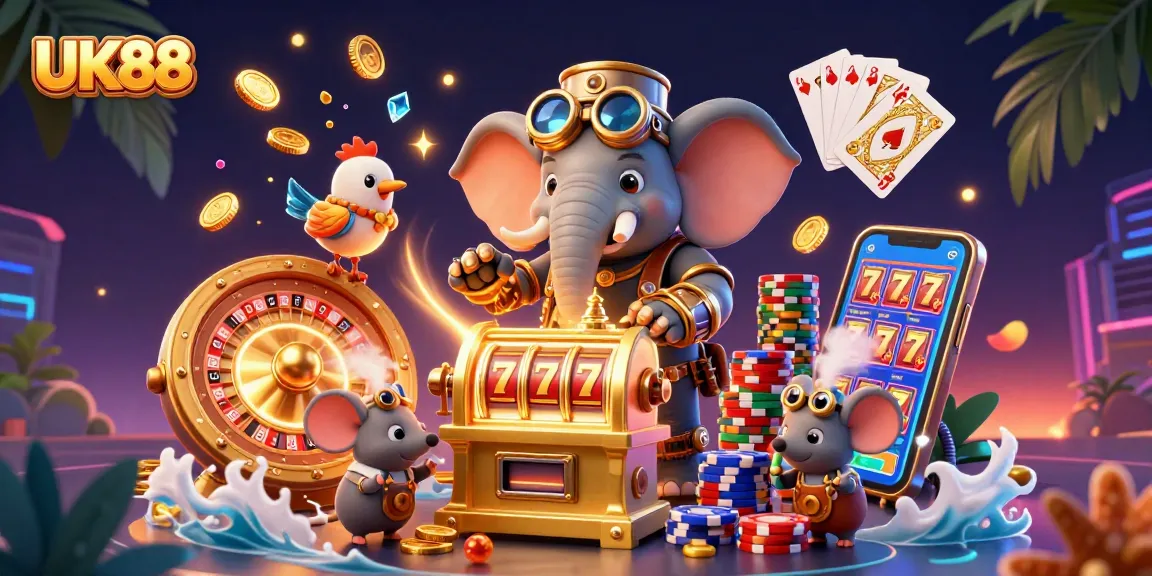 Play the exciting UK88 slot machine with cascading coins and grand prizes in a vibrant casino scene.