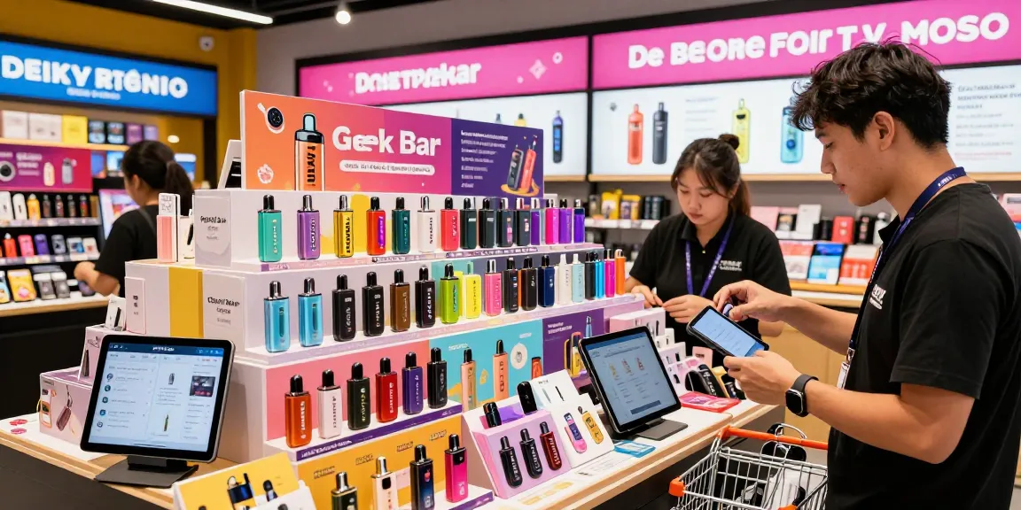Top disposable vapes shop in USA showcasing a colorful display of premium disposable vapes, engaging customer browsing options with promotional signage.