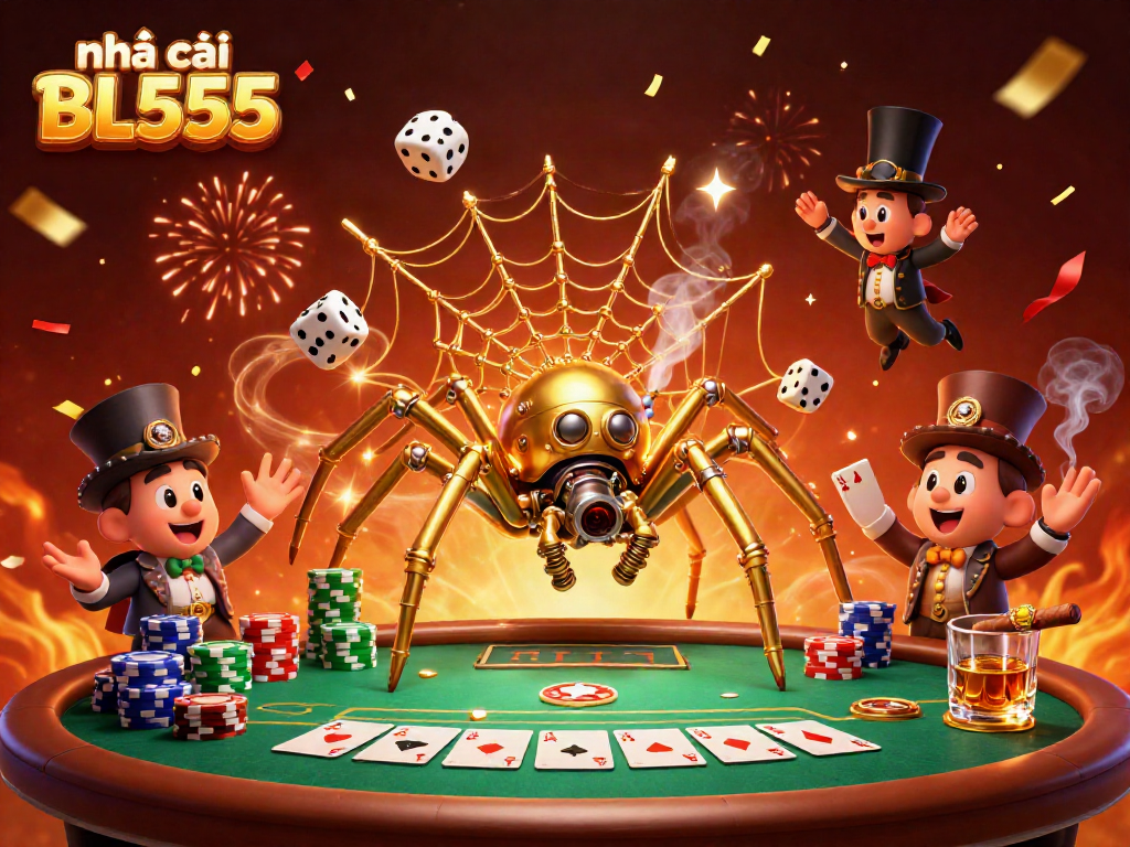 Engage with nhà cái BL555's captivating casino world featuring a whimsical golden spider and poker elements.