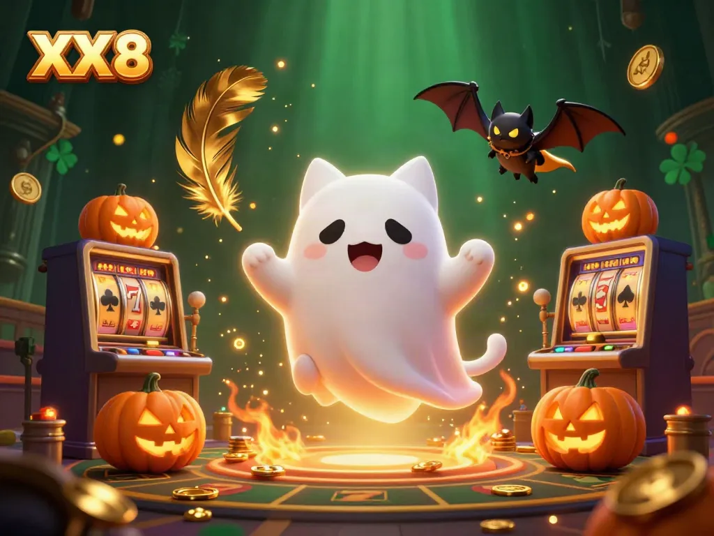 Engage with the vibrant casino scene featuring XX 8 with a ghost cat and glowing jack-o-lanterns.