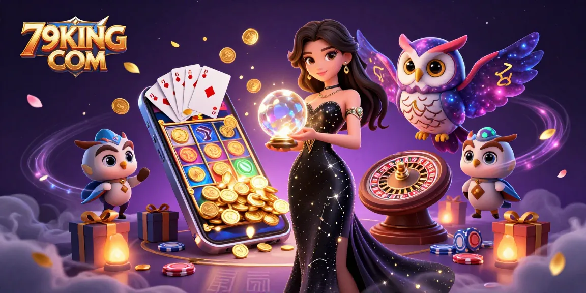 Experience the thrill of gaming at 79KING COM with captivating characters and vibrant casino elements.