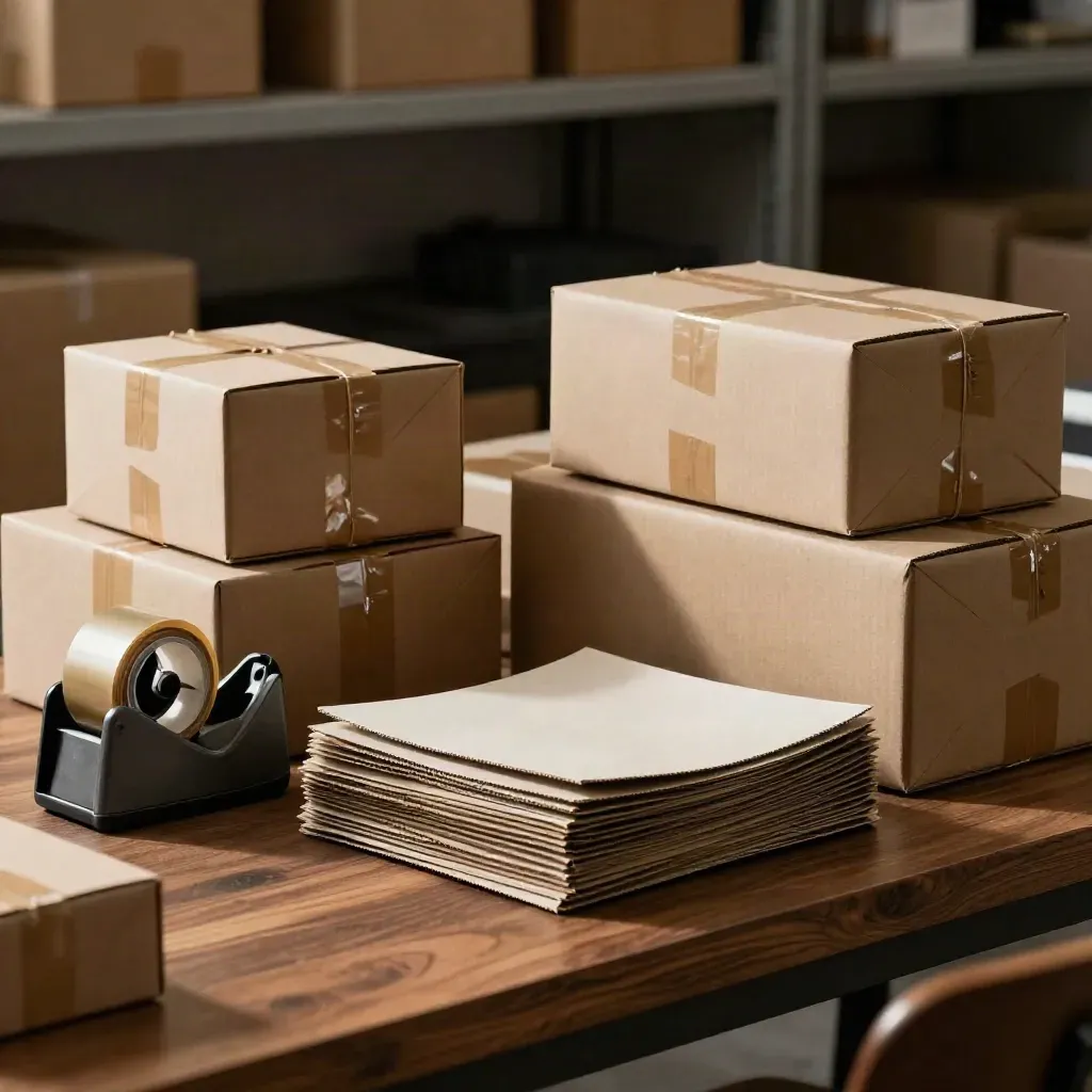 Shipping boxes, tape dispenser, and mailer sleeves in a dramatic packing still life.