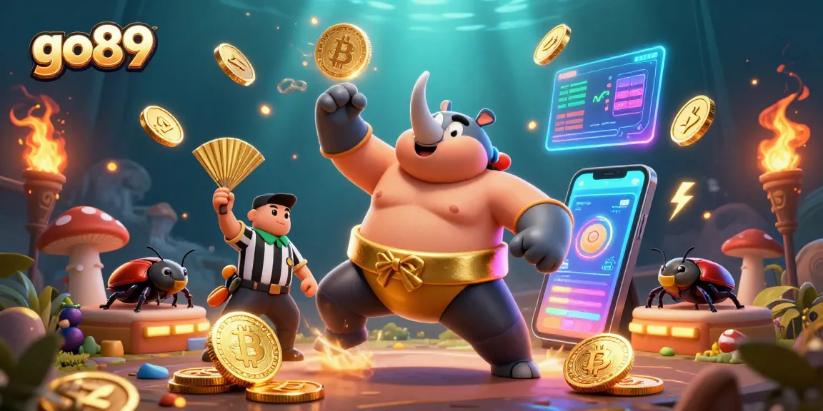 Win big at go89 with a vibrant scene featuring animated beetles celebrating casino gaming