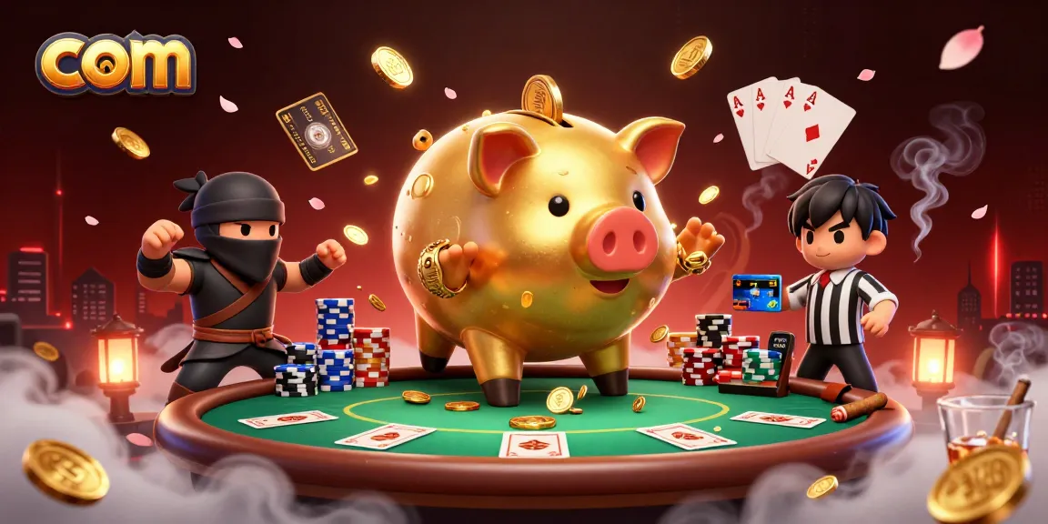 Experience top gaming excitement with com as a golden piggy bank sumo wrestler shakes coins in a vibrant casino
