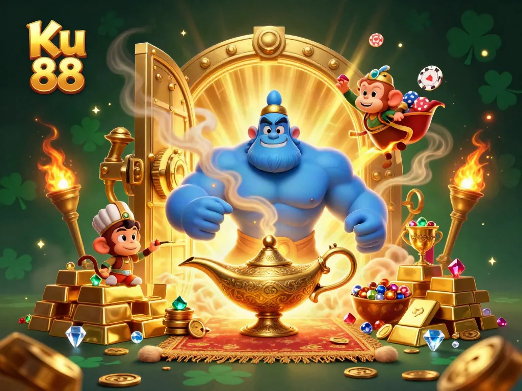 Place bets at Ku 88 while a genie grants gambling wishes surrounded by treasures, jewels, and gaming elements.