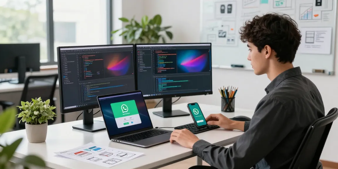 Developer engaged in coding with WhatsApp下載 notifications on screen in a modern workspace.
