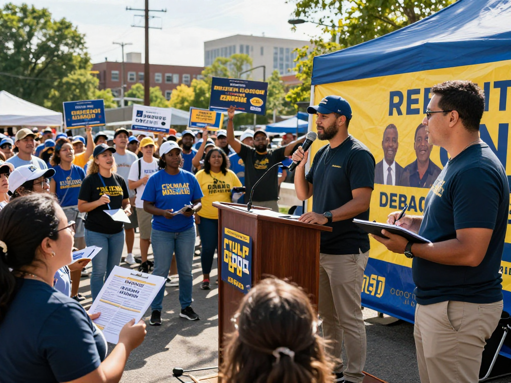 State legislature campaign marketing event showcasing a candidate engaging with voters in a vibrant outdoor atmosphere.