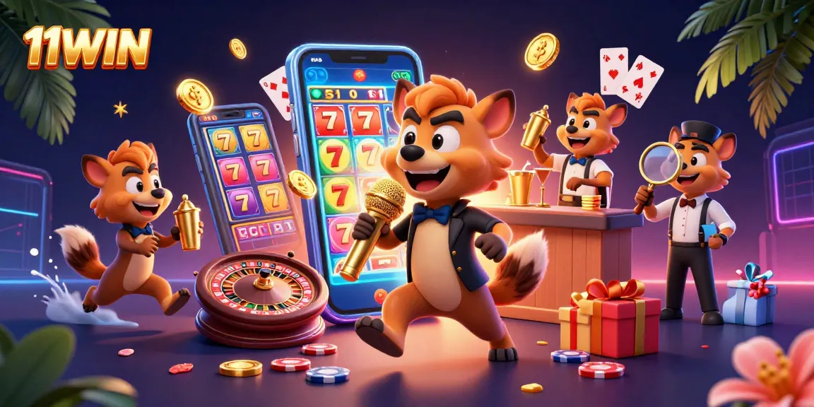 Engage with 11WIN's vibrant casino scene showcasing hyenas at a comedy club amidst slot games.