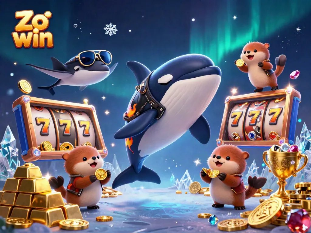 Experience thrilling wins with Zo win, featuring a playful orca and otters at a bustling casino scene.