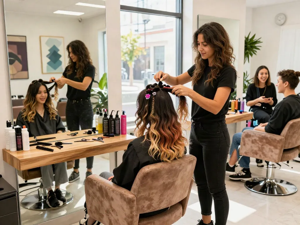 Client receiving feather crochet hair extensions treatment in a vibrant salon setting.
