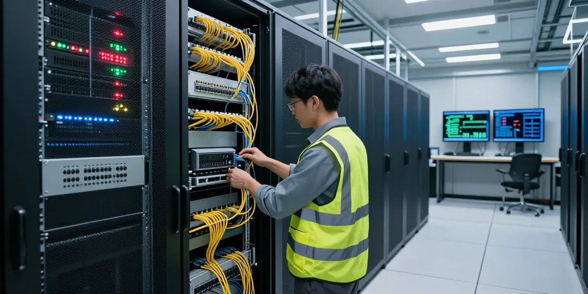 Technician managing fiber optic cable networks in a modern data center.